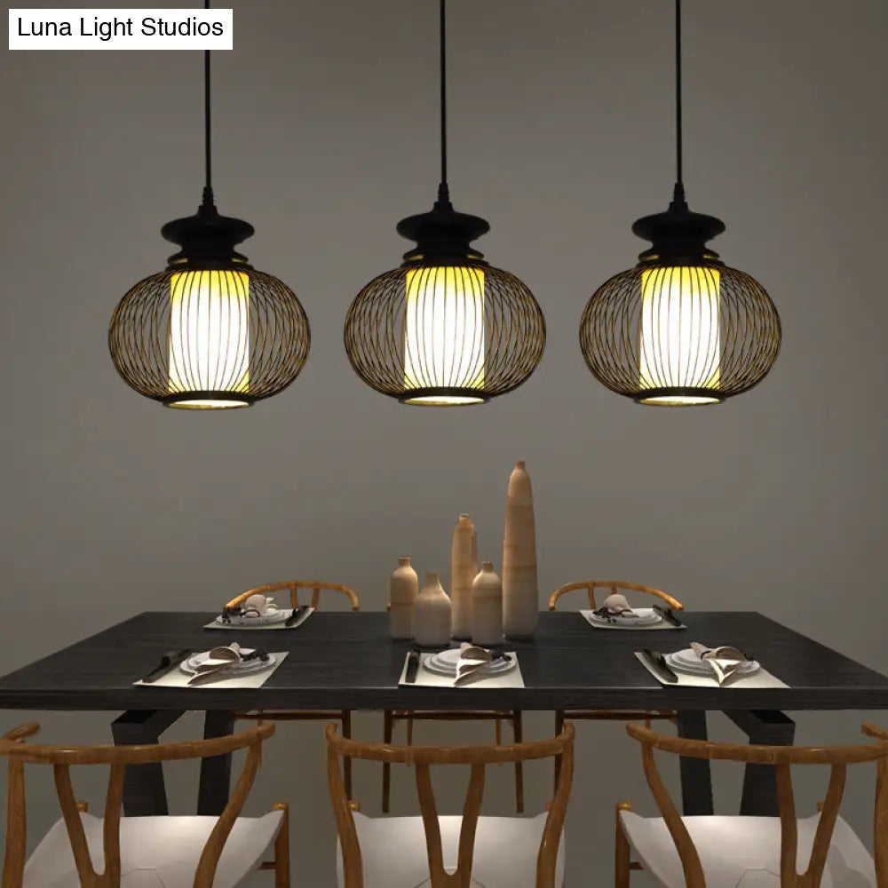 Tradition Bamboo Urn Pendant Lighting Kit For Bedroom - Black/Wood Hanging Lamp 1 Bulb 10/12 Wide