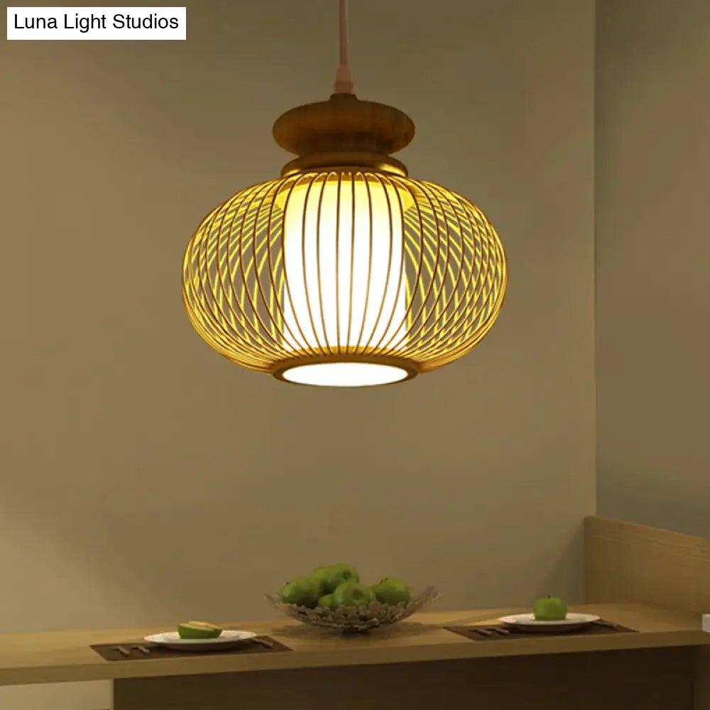 Tradition Bamboo Urn Pendant Lighting Kit For Bedroom - Black/Wood Hanging Lamp 1 Bulb 10/12 Wide