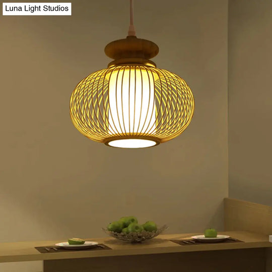 Tradition Bamboo Urn Pendant Lighting Kit For Bedroom - Black/Wood Hanging Lamp 1 Bulb 10/12 Wide