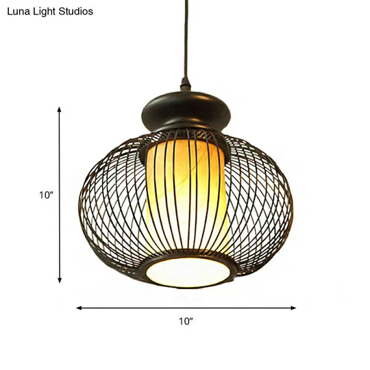 Black/Wood Bamboo Urn Pendant Light Fixture For Bedroom - 10’/12’ Wide