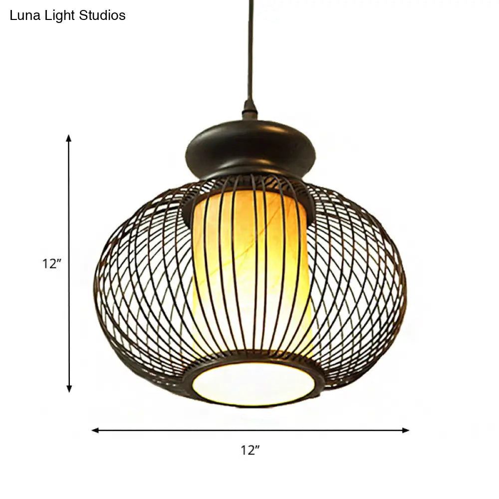 Black/Wood Bamboo Urn Pendant Light Fixture For Bedroom - 10’/12’ Wide