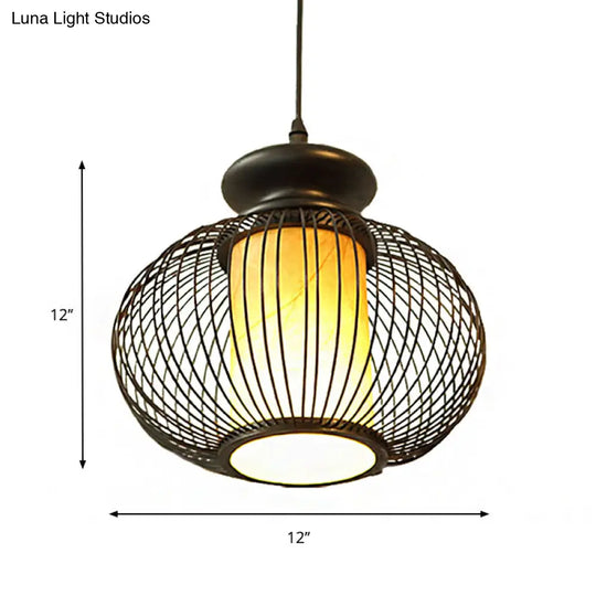 Tradition Bamboo Urn Pendant Lighting Kit For Bedroom - Black/Wood Hanging Lamp 1 Bulb 10/12 Wide