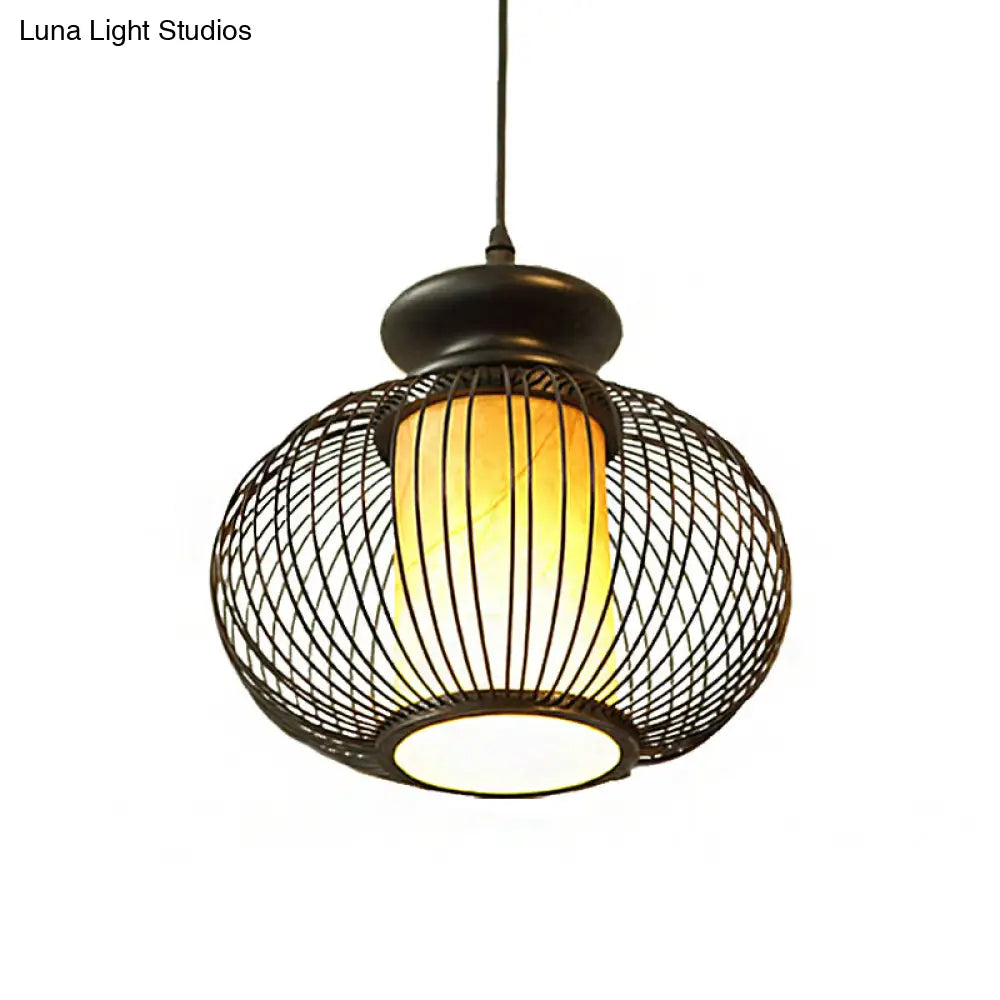 Tradition Bamboo Urn Pendant Lighting Kit For Bedroom - Black/Wood Hanging Lamp 1 Bulb 10/12 Wide