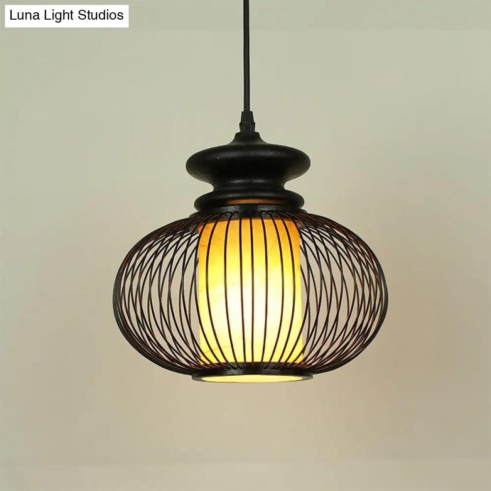 Black/Wood Bamboo Urn Pendant Light Fixture For Bedroom - 10’/12’ Wide