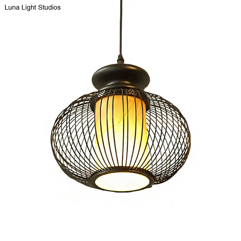 Black/Wood Bamboo Urn Pendant Light Fixture For Bedroom - 10’/12’ Wide