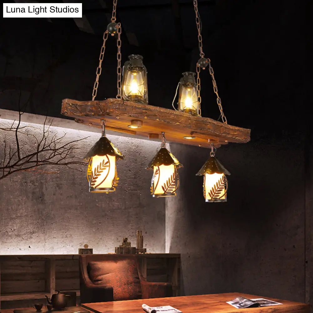 Black Wood Lantern Island Ceiling Light With 5 Lights Clear Glass Shade - Ideal For Restaurants And