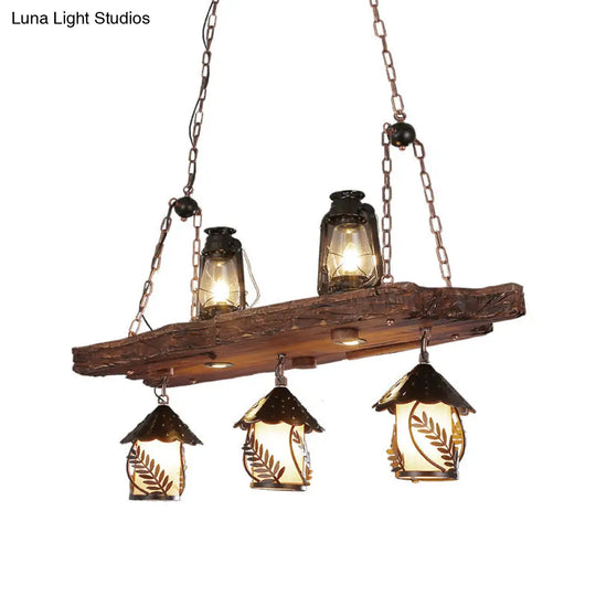 Black Wood Lantern Island Ceiling Light With 5 Lights Clear Glass Shade - Ideal For Restaurants And