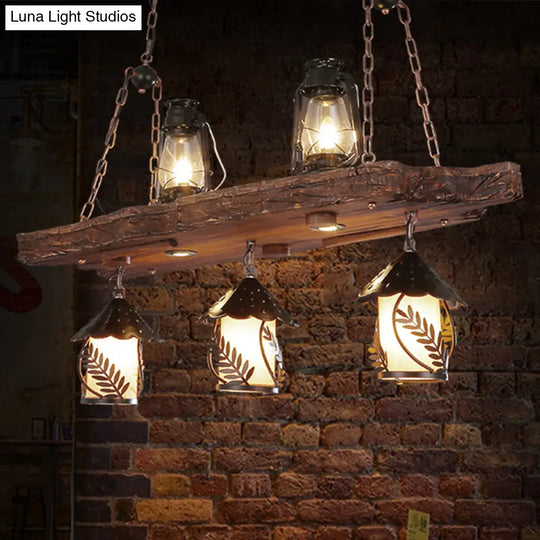 Black Wood Lantern Island Ceiling Light With 5 Lights Clear Glass Shade - Ideal For Restaurants And