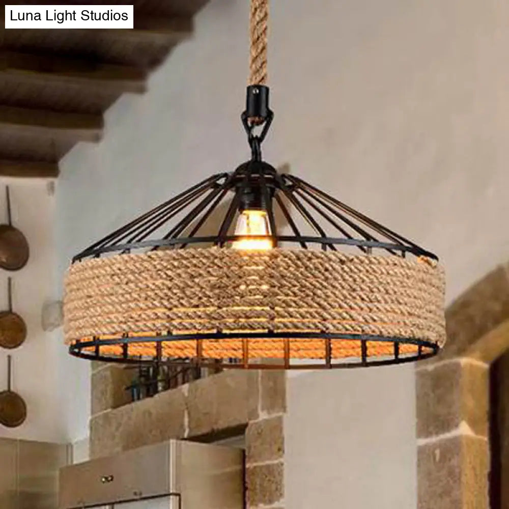 Black Yurt Loft Hemp Rope Pendant Ceiling Lamp - 1 Bulb Hanging Light For Dining Room