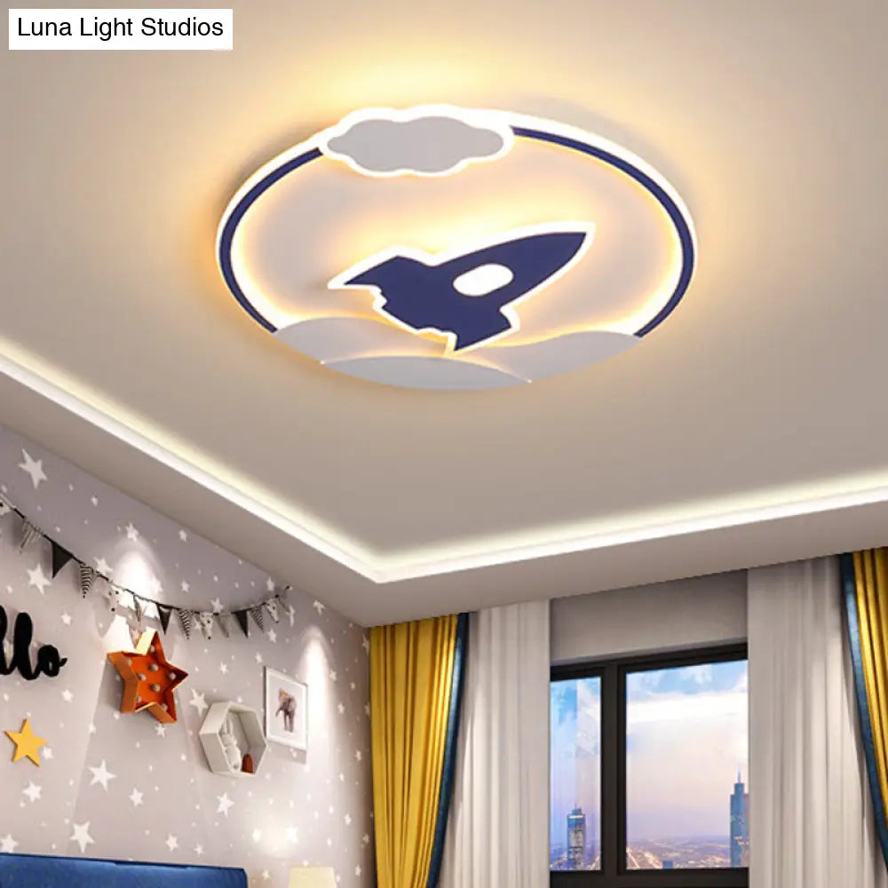 Blast Off To Bedtime: Blue Space Rocket Led Flushmount Lamp For Kids Bedrooms / Warm Ceiling Light