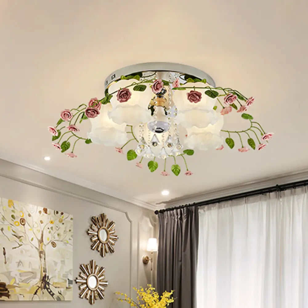 Bloom Crystal Flush Mount Ceiling Light With 5 Bulbs And White Glass Shade For Living Room