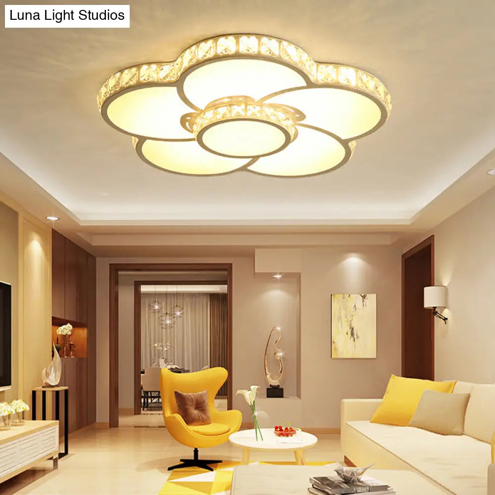 Bloom Flush Mount Led Ceiling Light Fixture With Inlaid Crystal - White Acrylic Warm/White