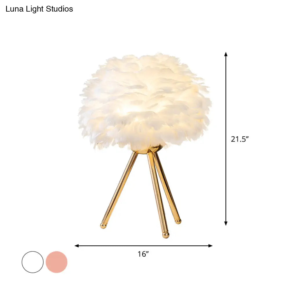 Bloom Nordic Feather Nightstand Lamp - Single White/Pink Table Light With Tripod For Bedroom