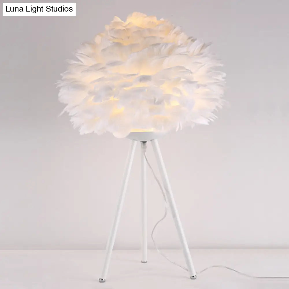 Bloom Nordic Feather Nightstand Lamp - Single White/Pink Table Light With Tripod For Bedroom