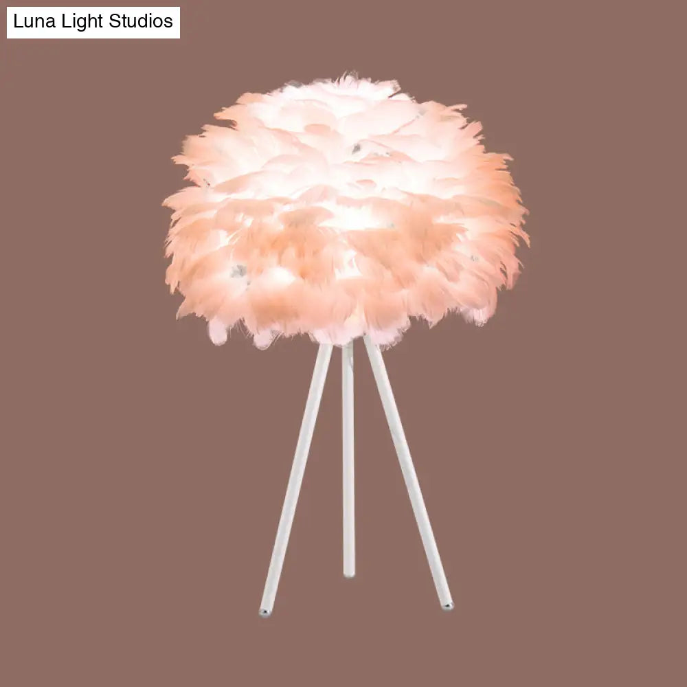 Bloom Nordic Feather Nightstand Lamp - Single White/Pink Table Light With Tripod For Bedroom