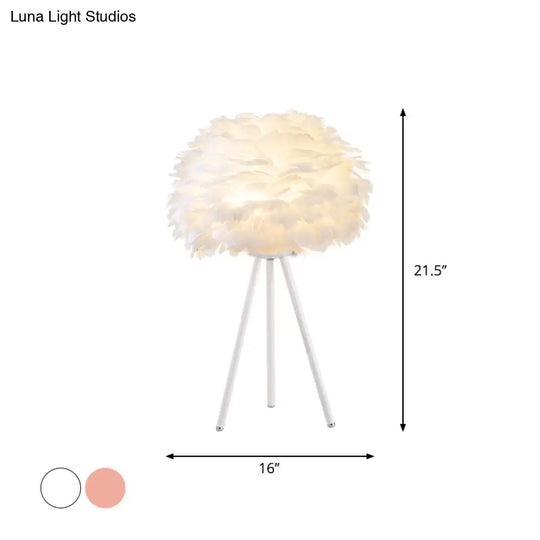 Bloom Nordic Feather Nightstand Lamp - Single White/Pink Table Light With Tripod For Bedroom