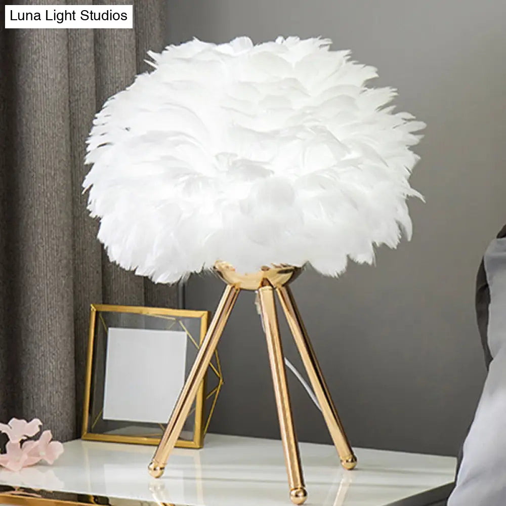 Bloom Nordic Feather Nightstand Lamp - Single White/Pink Table Light With Tripod For Bedroom