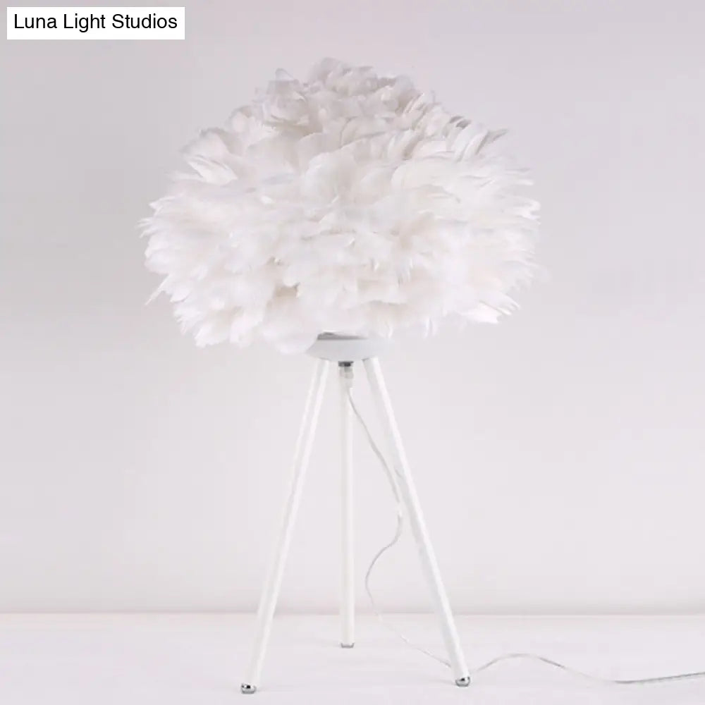 Bloom Nordic Feather Nightstand Lamp - Single White/Pink Table Light With Tripod For Bedroom