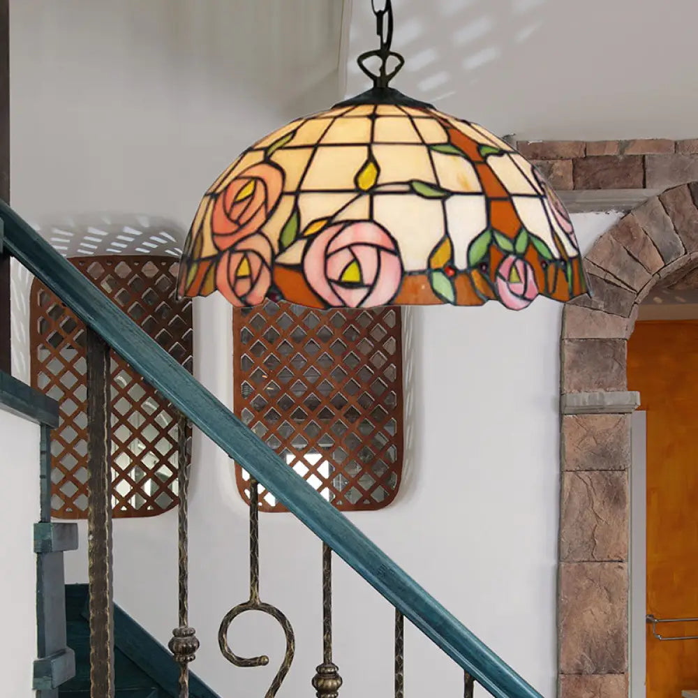 Bloom Tiffany Handcrafted Art Glass Pendant Light - 12’/16’ Wide Pink Down Lighting Fixture / 12’