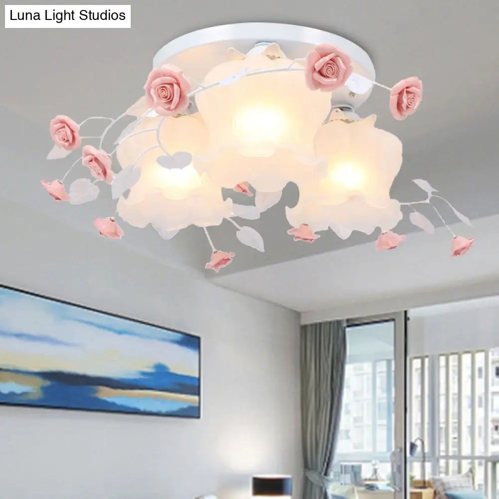 Blooming Beauty: Opal Glass 3-Head Flush Mount Ceiling Light With Countryside Charm In White/Green