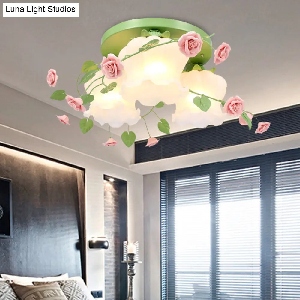 Blooming Beauty: Opal Glass 3-Head Flush Mount Ceiling Light With Countryside Charm In White/Green