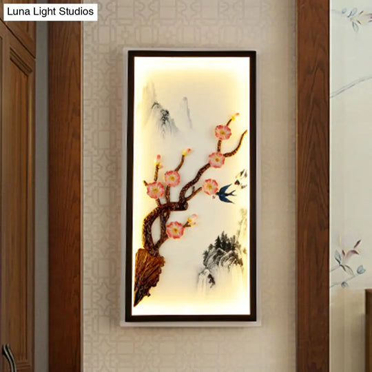 Blooming Plum Mural Light Ceramic Led Wall Sconce - Asian Spring Inspired Decor In Black