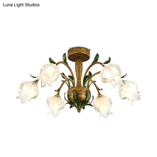 Blossom Bedroom Semi Flush Light - Countryside White/Yellow Glass 6 Lights Brass Ceiling Lighting