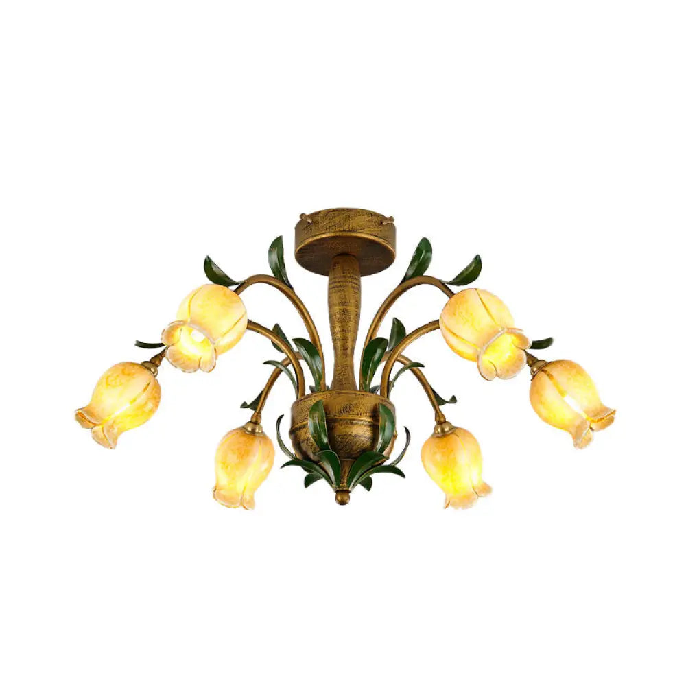 Blossom Bedroom Semi Flush Light - Countryside White/Yellow Glass 6 Lights Brass Ceiling Lighting