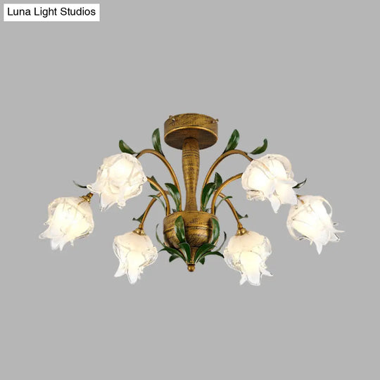 Blossom Bedroom Semi Flush Light - Countryside White/Yellow Glass 6 Lights Brass Ceiling Lighting