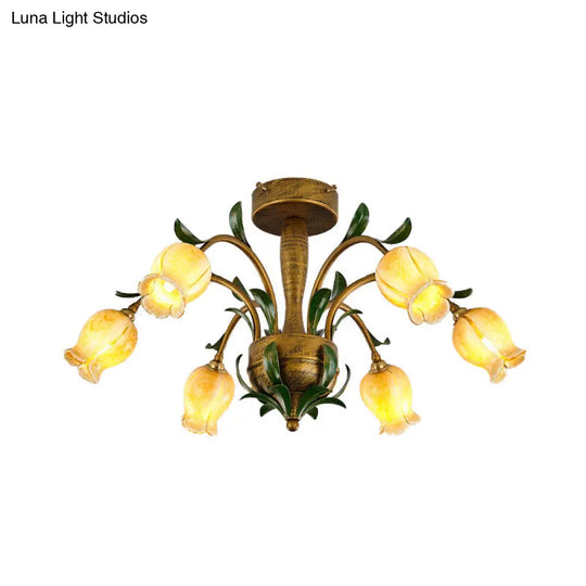 Blossom Bedroom Semi Flush Light - Countryside White/Yellow Glass 6 Lights Brass Ceiling Lighting