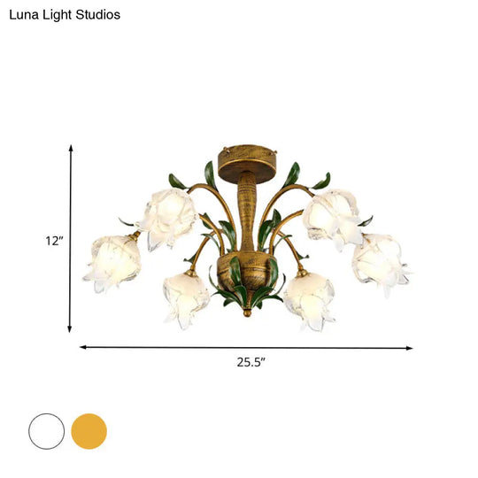 Blossom Bedroom Semi Flush Light - Countryside White/Yellow Glass 6 Lights Brass Ceiling Lighting