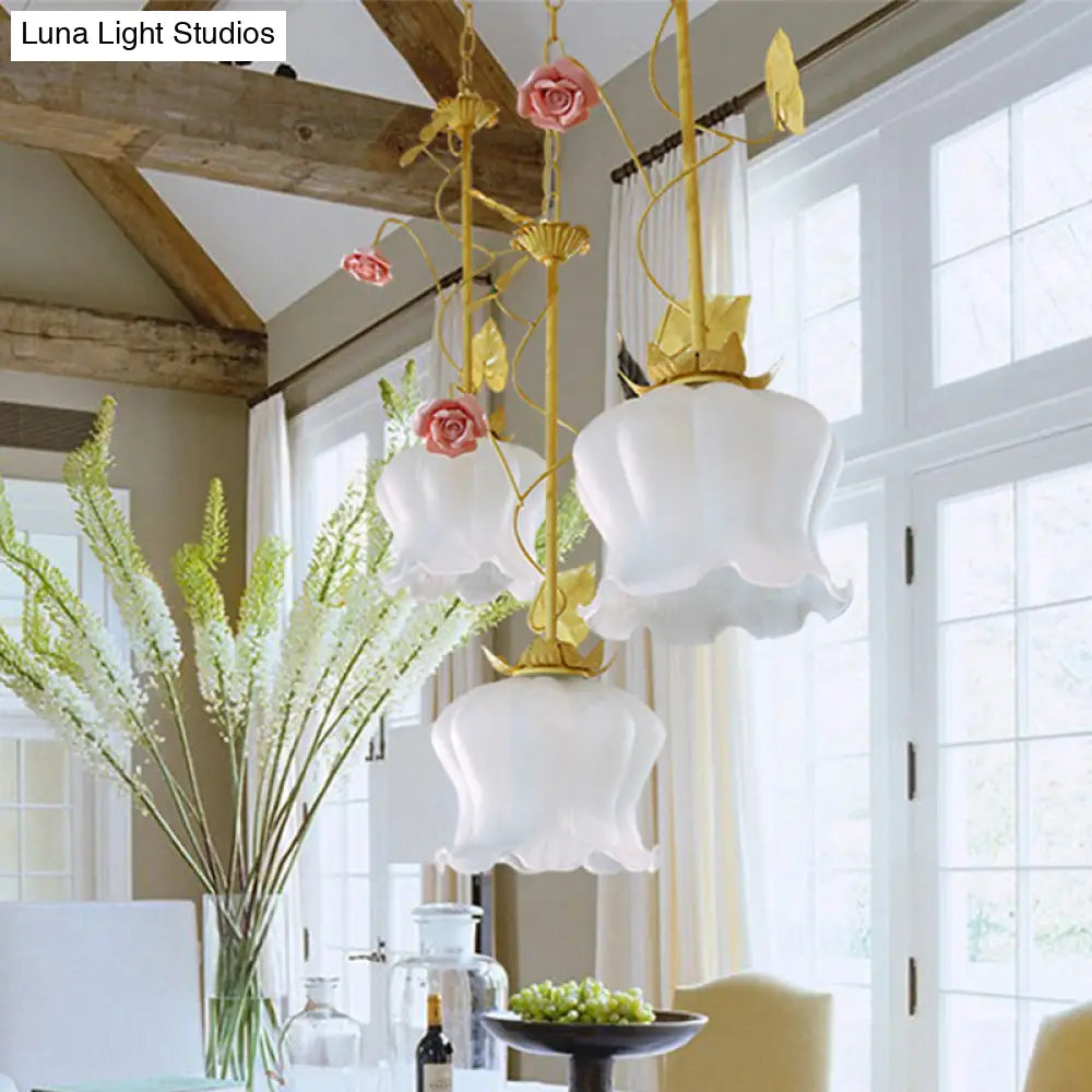 Blossom Countryside Metal Pendant Light - Green Led 3 Heads Round/Linear Canopy Dining Room Cluster