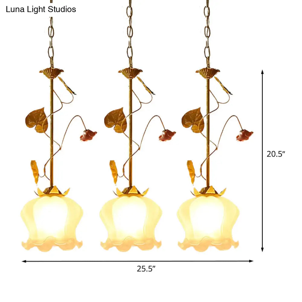 Blossom Countryside Metal Pendant Light - Green Led 3 Heads Round/Linear Canopy Dining Room Cluster