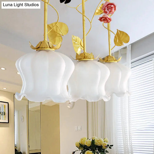 Blossom Countryside Metal Pendant Light - Green Led 3 Heads Round/Linear Canopy Dining Room Cluster