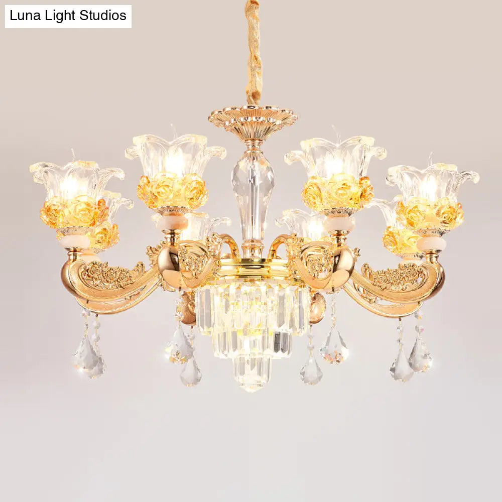 Blossom Crystal Glass Chandelier - Antique Style Ceiling Hang Light In Gold For Bedroom