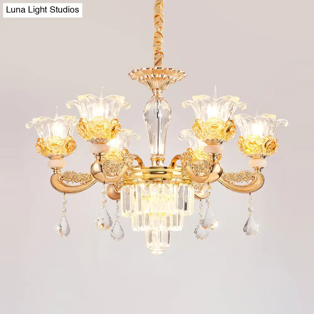 Blossom Crystal Glass Chandelier - Antique Style Ceiling Hang Light In Gold For Bedroom