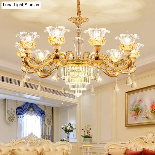 Blossom Crystal Glass Chandelier - Antique Style Ceiling Hang Light In Gold For Bedroom