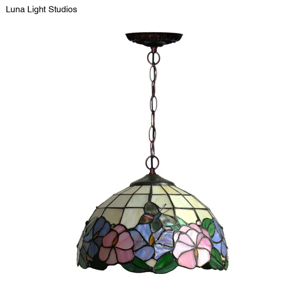 Blossom Mediterranean Pendant Light With Stained Glass - Red/Pink/Yellow