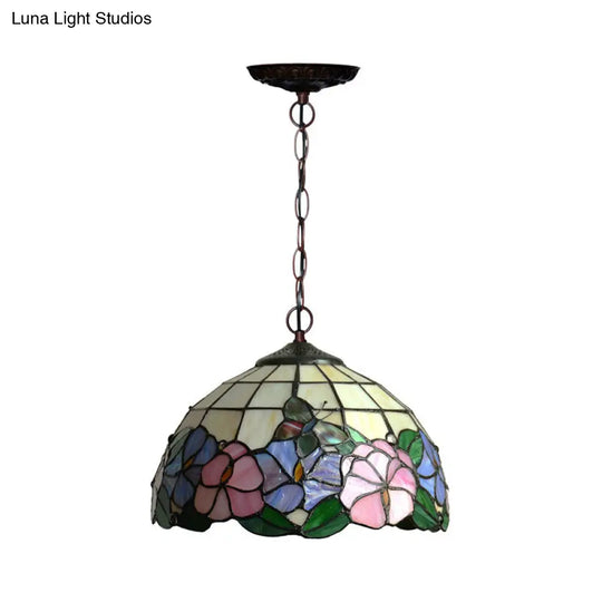 Mediterranean Stained Glass Pendant Light In Blossom Design With Red Pink And Yellow Accent