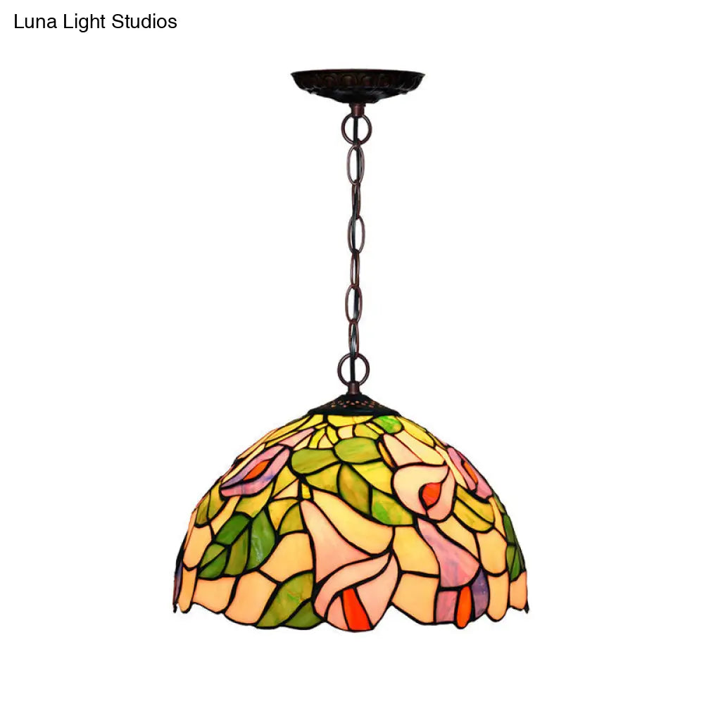 Mediterranean Stained Glass Pendant Light In Blossom Design With Red Pink And Yellow Accent Green