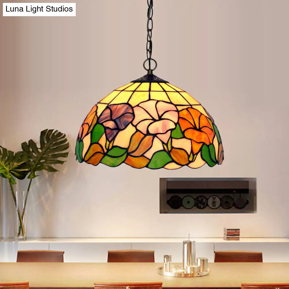 Blossom Mediterranean Pendant Light With Stained Glass - Red/Pink/Yellow