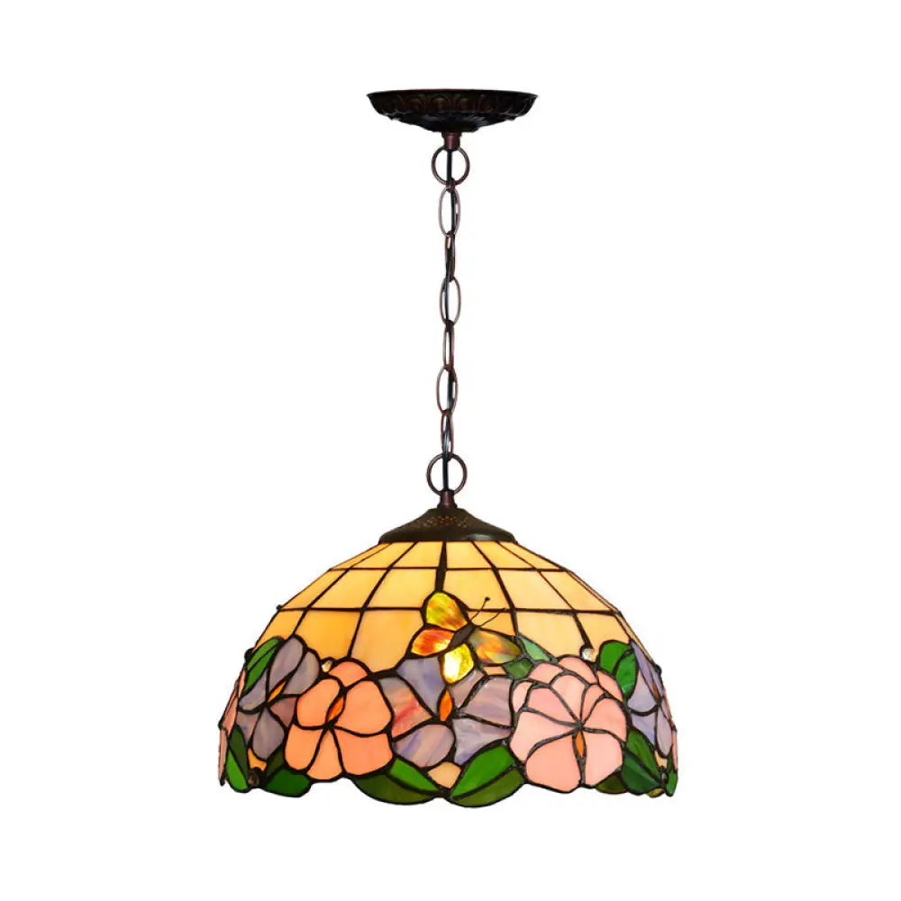 Blossom Mediterranean Pendant Light With Stained Glass - Red/Pink/Yellow Pink