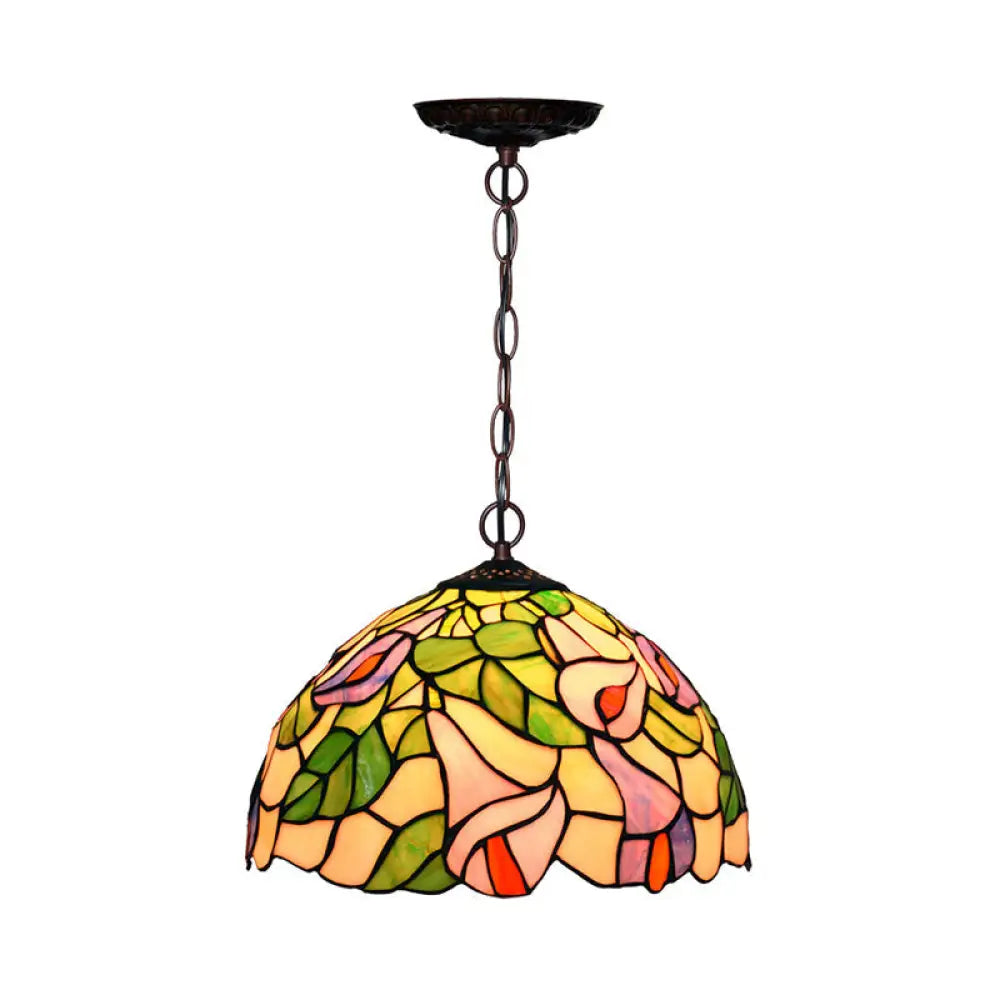 Blossom Mediterranean Pendant Light With Stained Glass - Red/Pink/Yellow Green