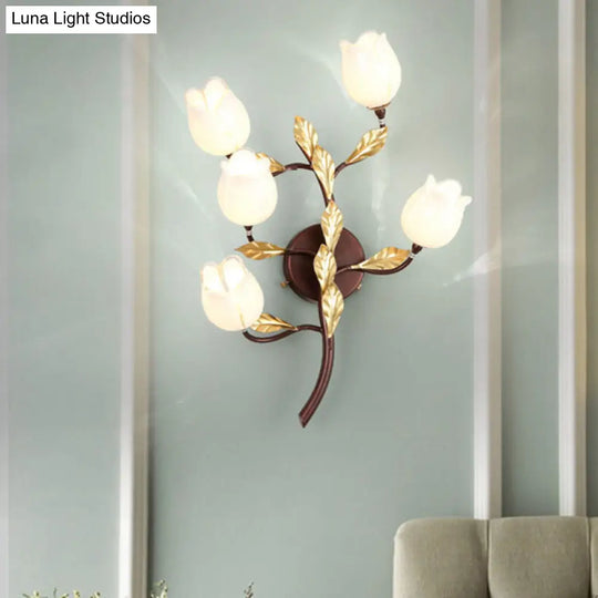 Blossom Metal Wall Sconce - 5-Head Led Lighting Fixture In Brass For Living Room Pastoral Design