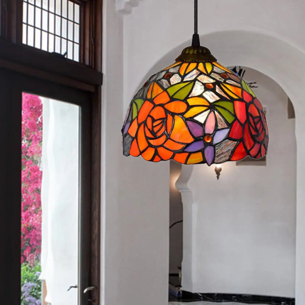 Blossom Orange Tiffany Pendant Light - Bedroom Ceiling With Cut Glass Shade