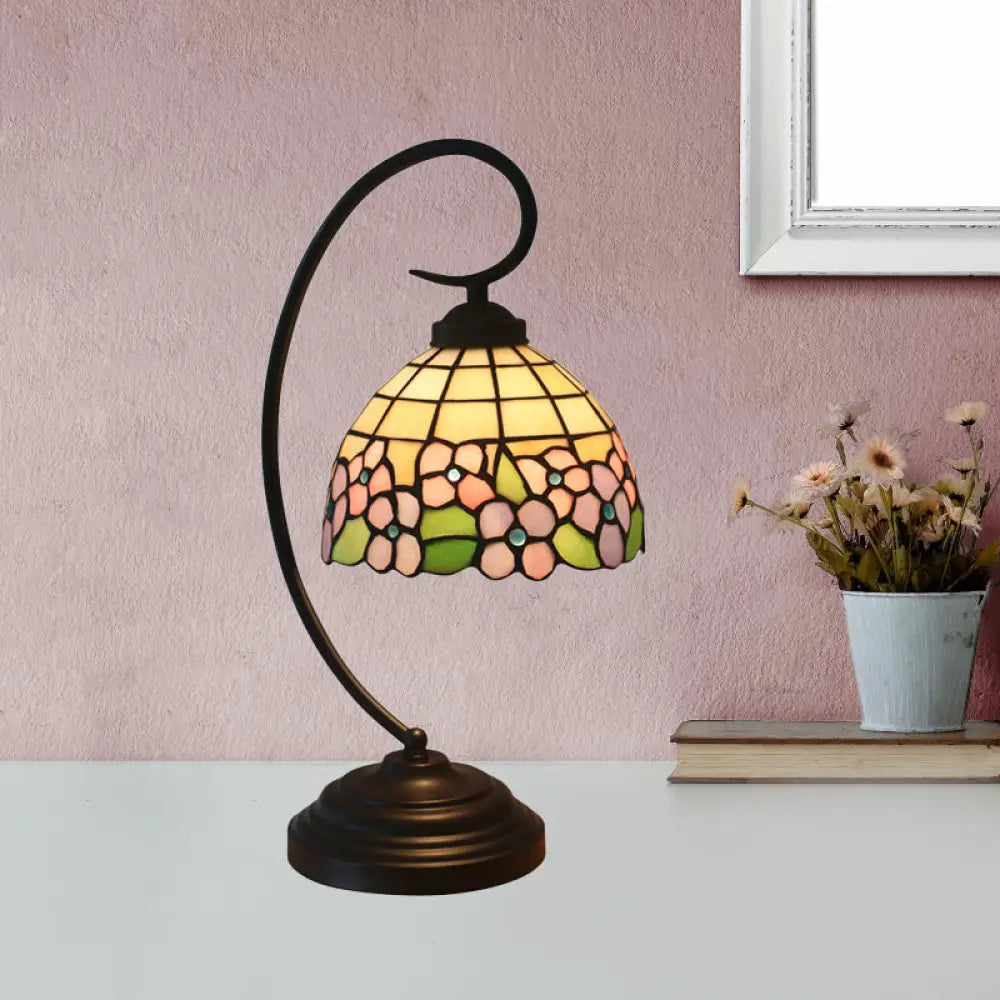 Blossom Pattern Tiffany Glass Desk Lamp - Pink/Orange 1-Head Night Table Light For Bedroom Blue