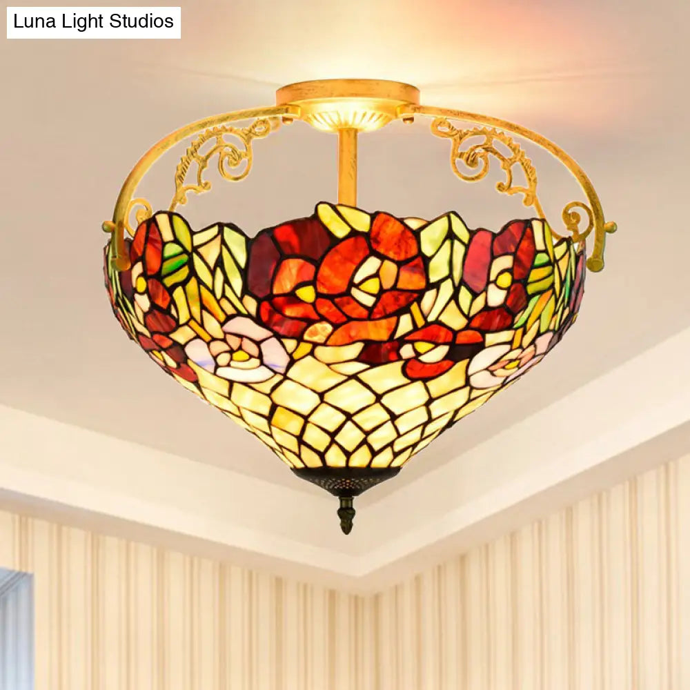 Blossom Stained Glass Semi Flush Ceiling Light Fixture - Tiffany Style 3 Lights Yellow