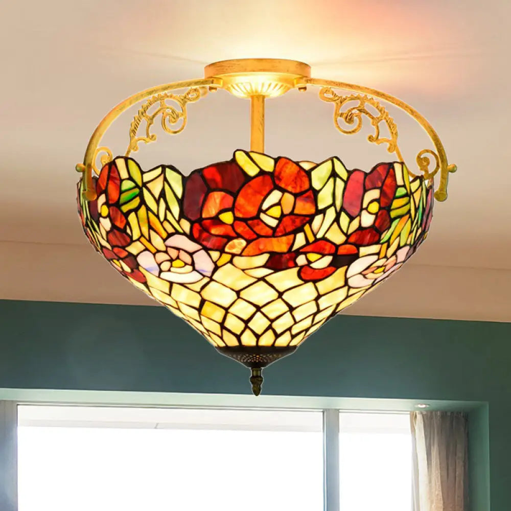 Blossom Stained Glass Semi Flush Ceiling Light Fixture - Tiffany Style 3 Lights Yellow