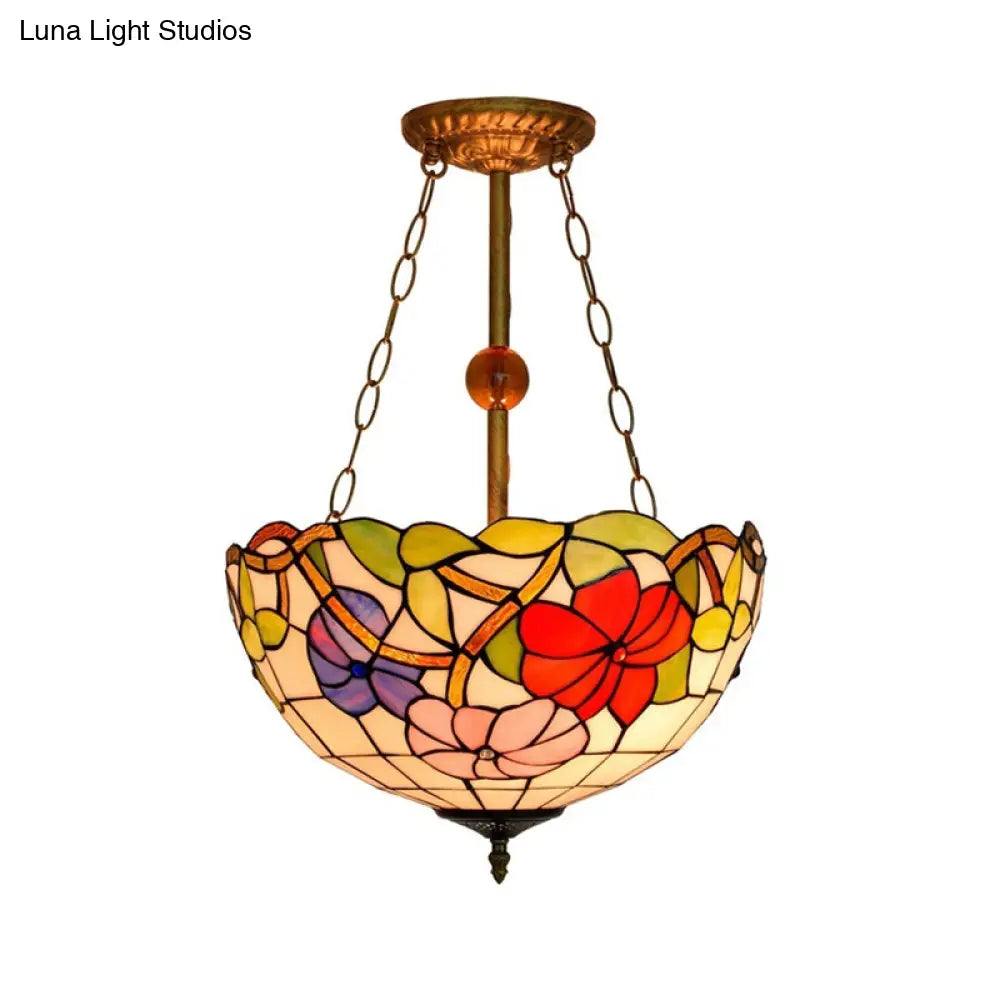 Blossom Stained Glass Tiffany Ceiling Lamp - Restaurant Semi Flush Mount With Inverted Bowl Shade