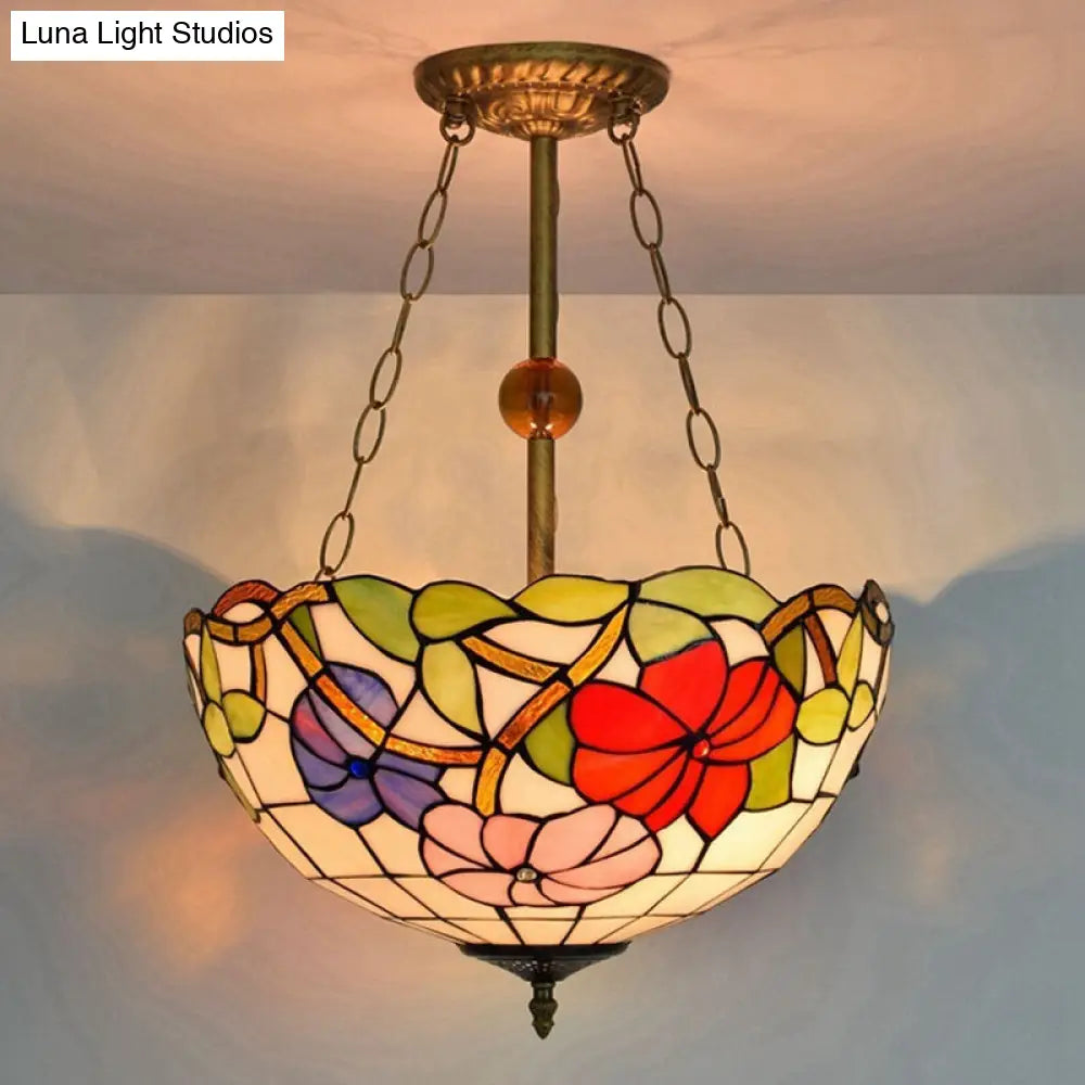 Blossom Tiffany Stained Glass Ceiling Lamp - Restaurant Semi Flush Mount Antique Bronze